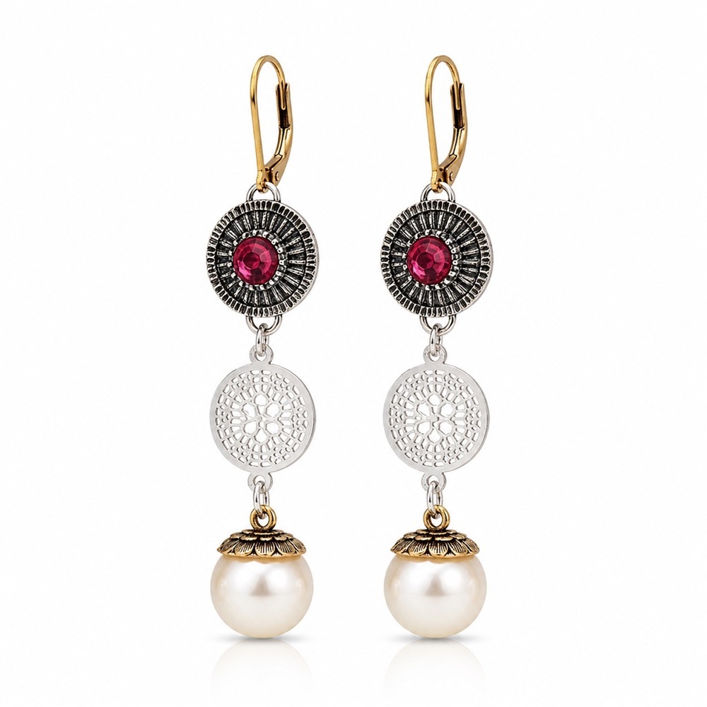 Pearl Drop Dangle Earrings with Pink Crystal Accent